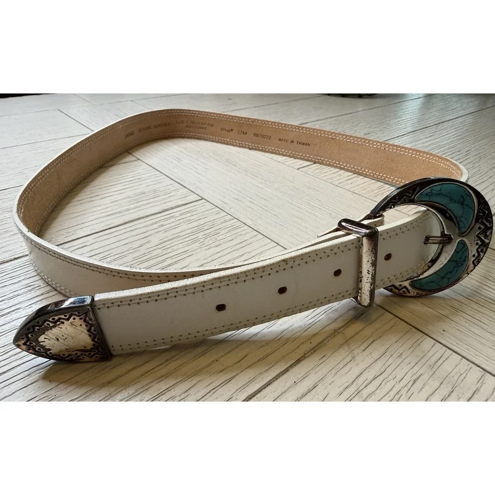 Vtg 1988 LIZ CLAIBORNE Women's L Wide‎ Belt White Leather Turquoise Buckle Retro